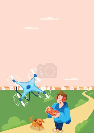 Illustration for Flat design illustration of drone operator standing on the ground, with quadcopter drone hovering in the air next to them. - Royalty Free Image