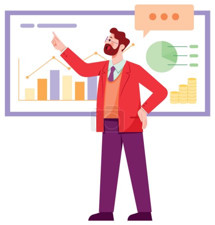 Illustration for Flat design illustration of man in business suit presenting economy statistics on whiteboard or big screen. - Royalty Free Image