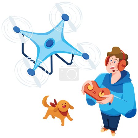 Téléchargez les illustrations : Illustration de conception plate d'une personne actionnant un drone, debout sur fond blanc. - en licence libre de droit