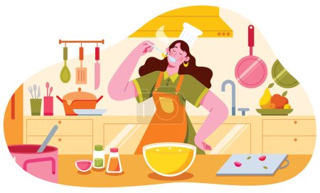 Illustration for Flat design illustration with female chef, cooking in kitchen. She is tasting the food while being surrounded by various cooking utensils, ingredients and appliances. - Royalty Free Image