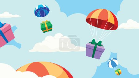 Ilustración de diseño plano conceptual con regalos cayendo del cielo con paracaídas.