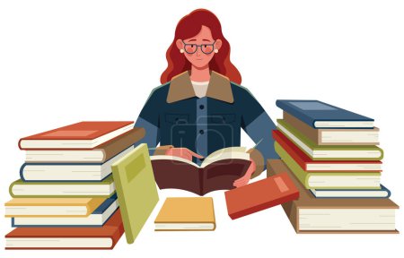 Illustration for Flat design illustration of girl reading a book while being surrounded by piles of other books. - Royalty Free Image