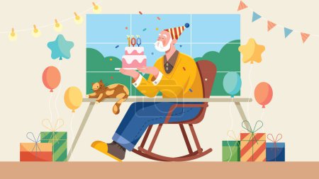 Téléchargez les illustrations : Illustration de dessin plat du vieil homme célébrant son centième anniversaire en soufflant les bougies sur son gâteau d'anniversaire. - en licence libre de droit