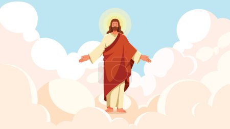 Téléchargez les illustrations : Illustration plate de Jésus dans les nuages, les bras écartés, portant une longue robe et un halo autour de la tête. - en licence libre de droit