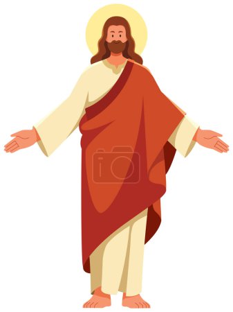 Illustration for Flat design illustration of Jesus Christ with his arms spread out, wearing a long robe on white background. - Royalty Free Image