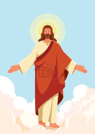 Ilustración de Ilustración plana de Jesús en las nubes, con los brazos extendidos, llevando una larga túnica y un halo alrededor de la cabeza. - Imagen libre de derechos