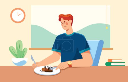 Téléchargez les illustrations : Concept illustration de design plat avec un homme qui doit manger des insectes. - en licence libre de droit