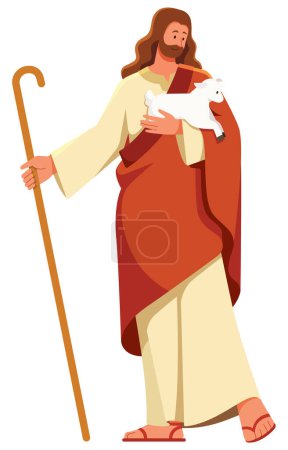 Flat design illustration with Jesus as shepherd holding lamb in one hand and shepherd staff in the other.