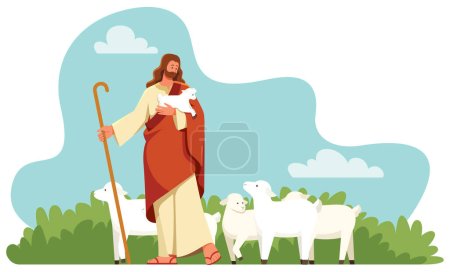 Flat design illustration with Jesus as shepherd holding lamb in his hand while herding the other sheep.
