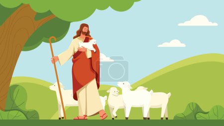 Ilustración de diseño plano con Jesús como pastor sosteniendo cordero en su mano mientras pastorea las otras ovejas. El fondo es paisaje montañoso con cielo nublado.