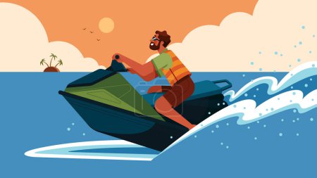 Illustration for Flat design illustration of person riding jet ski on body of water. - Royalty Free Image