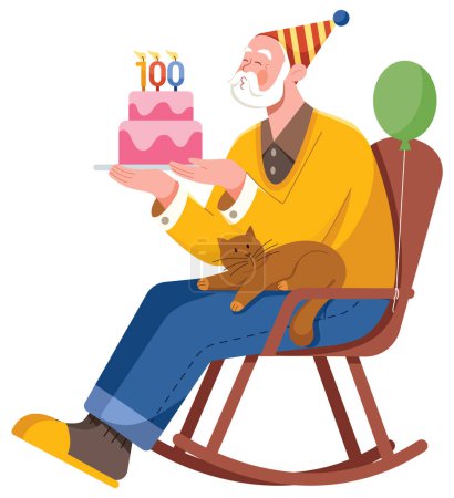 Illustration for Flat design illustration of old man celebrating his hundredth birthday by blowing the candles on his birthday cake. - Royalty Free Image