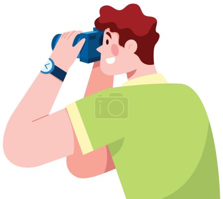 Illustration for Flat design illustration of person holding camera and taking picture against white background. - Royalty Free Image