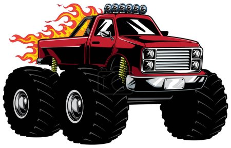 Mascota ilustración de poderoso camión monstruo rojo aislado sobre fondo blanco.