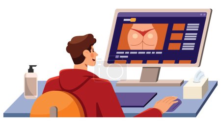 Illustration for Conceptual flat design illustration with male character addicted to sex or pornographic content. - Royalty Free Image
