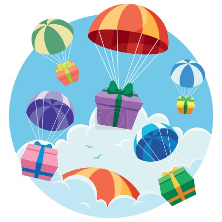Téléchargez les illustrations : Illustration de conception plate concept avec cadeaux tombant du ciel avec parachutes. - en licence libre de droit