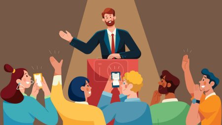 Illustration for Flat design illustration of man speaking on podium in front of crowd of people. - Royalty Free Image