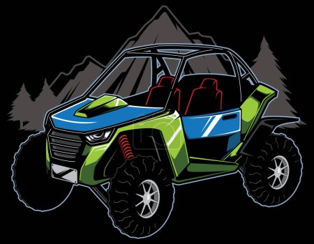 Illustration for Mascot illustration for side-by-side utility vehicle with trees and hills in the background. - Royalty Free Image