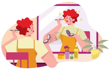 Ilustración de Ilustración de diseño plano de la mujer que aplica el maquillaje delante del espejo grande, rodeado de varios productos de belleza y maquillaje. - Imagen libre de derechos