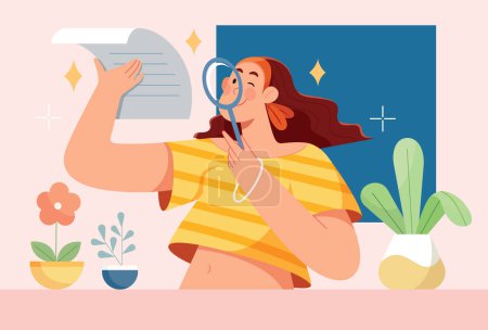 Illustration for Flat design illustration of woman holding magnifying glass, examining the fine print of a document. - Royalty Free Image