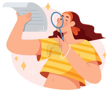 Flat design illustration of woman holding magnifying glass, examining the fine print of a document.