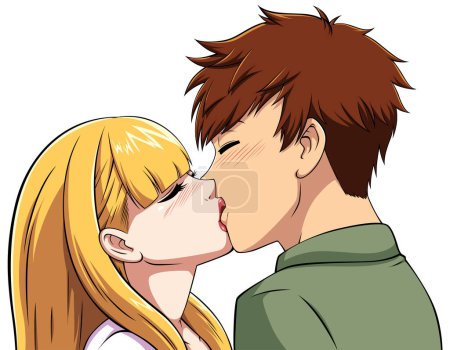 Ilustración de Ilustración de estilo anime de chico y chica besándose. - Imagen libre de derechos