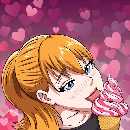 Illustration for Cute blond anime girl eating ice cream. - Royalty Free Image