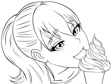 Illustration for Cute anime or manga girl eating ice cream. - Royalty Free Image