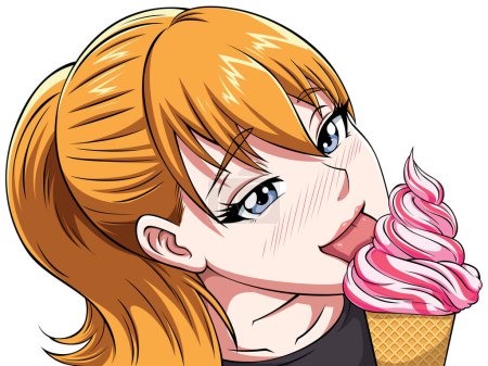Téléchargez les illustrations : Mignon blonde anime fille manger de la crème glacée. - en licence libre de droit
