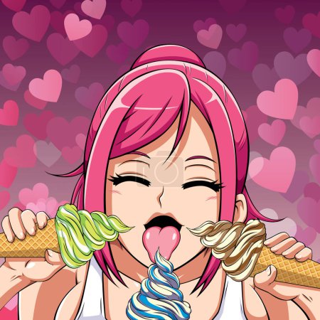 Illustration for Cute anime girl licking three ice creams at the same time. - Royalty Free Image