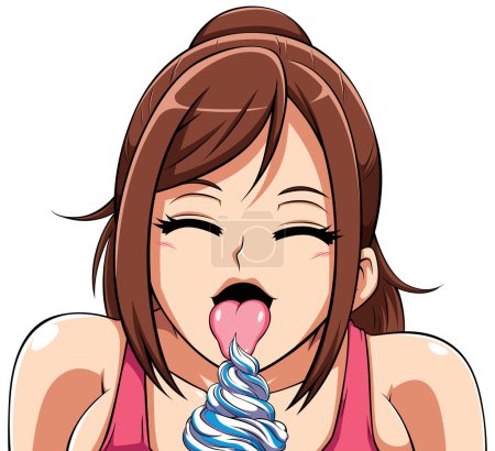 Illustration for Cute brunette anime girl eating ice cream. - Royalty Free Image