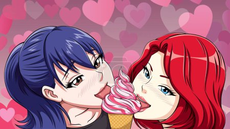 Illustration for Two cute anime girls licking one ice cream. - Royalty Free Image