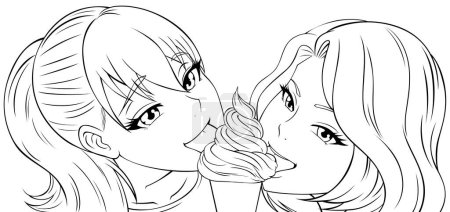 Illustration for Two cute anime girls licking one ice cream. - Royalty Free Image