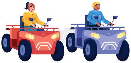 Illustration for Flat design illustration with 2 people driving quad bikes through the forest. - Royalty Free Image