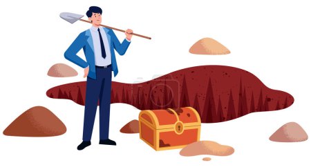 Illustration for Flat design illustration of businessman who just dug out a buried treasure. - Royalty Free Image