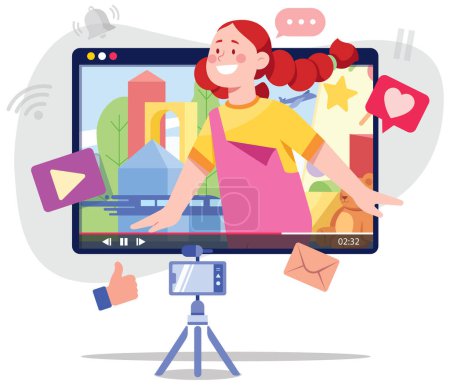 Illustration for Conceptual flat design illustration with little girl vlogger, recording a new video and receiving positive reactions. - Royalty Free Image