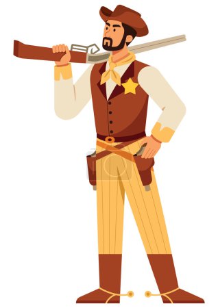 Illustration for Flat design illustration of cowboy holding rifle and isolated on white background. - Royalty Free Image