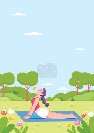 Téléchargez les illustrations : Illustration de conception plate de fille mignonne faisant du yoga dans la nature, dans le contexte du paysage pittoresque. - en licence libre de droit