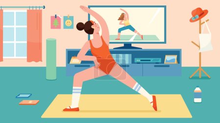 Illustration for Flat design illustration of young woman training in her living room while watching a workout video on her TV set. - Royalty Free Image