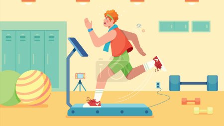 Illustration for Flat design illustration of male fitness influencer running on treadmill while recording his workout. - Royalty Free Image