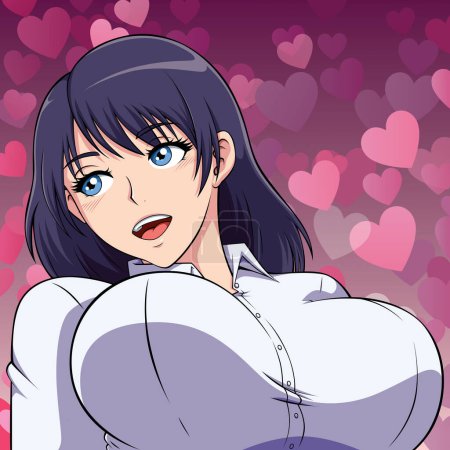 Illustration for Anime style portrait of smiling girl with big breast and dreamy look. - Royalty Free Image