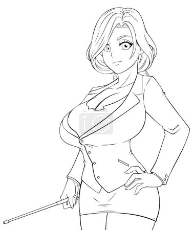 Illustration for Anime style portrait of sexy teacher holding pointer in front of chalkboard. - Royalty Free Image