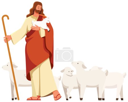 Téléchargez les illustrations : Illustration de dessin plat avec Jésus comme berger tenant l'agneau dans sa main tout en élevant les autres moutons. - en licence libre de droit