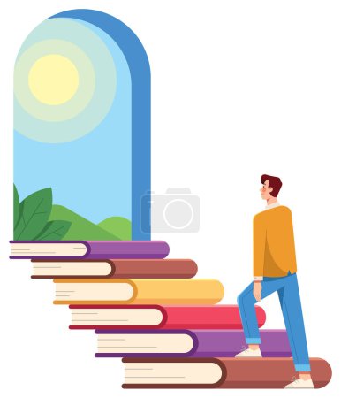Illustration for Concept flat design illustration with man climbing staircase made of books, leading to bright open door at the end of it. - Royalty Free Image