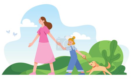 Illustration for Flat design illustration of mother, daughter and their dog, walking in public park or nature. - Royalty Free Image