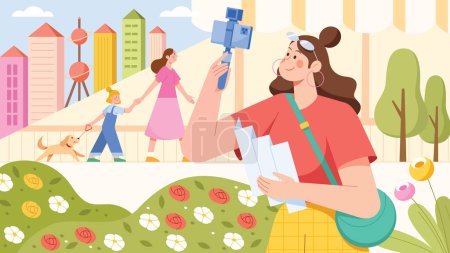 Illustration for Flat design illustration of female travel vlogger holding map and vlogging kit, while recording new travel video about the local landmarks. - Royalty Free Image