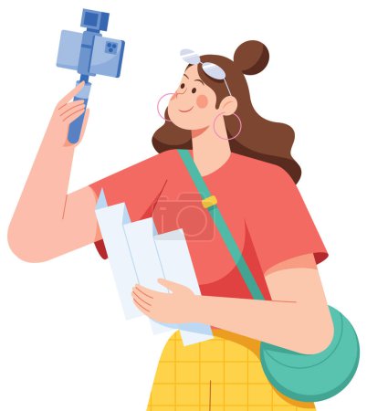 Illustration for Flat design illustration of female travel vlogger holding map and vlogging kit, while recording new travel video about the local landmarks. - Royalty Free Image