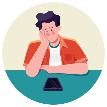 Illustration for Flat design illustration of worried man sitting on the table and looking at his smartphone, waiting for it to ring. - Royalty Free Image