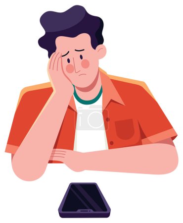 Illustration for Flat design illustration of worried man sitting on the table and looking at his smartphone, waiting for it to ring. - Royalty Free Image
