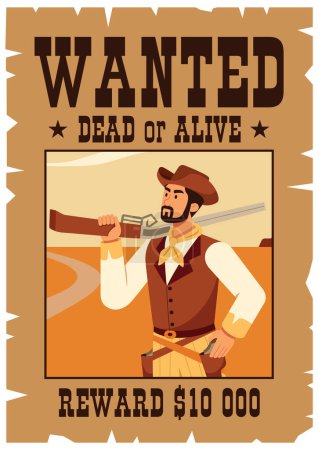 Ilustración de Ilustración de diseño plano de Wild West quería póster vivo o muerto, con el retrato de vaquero criminal, así como recompensa en efectivo. - Imagen libre de derechos